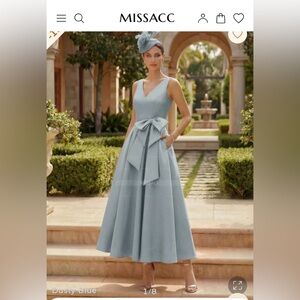 MISSACC Dusty Blue V-Neck Midi Dress with Tie-Waist Bow